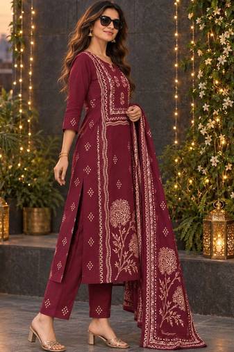 women ethnic motifs printed regular  cotton kurta with trousers & with dupatta
