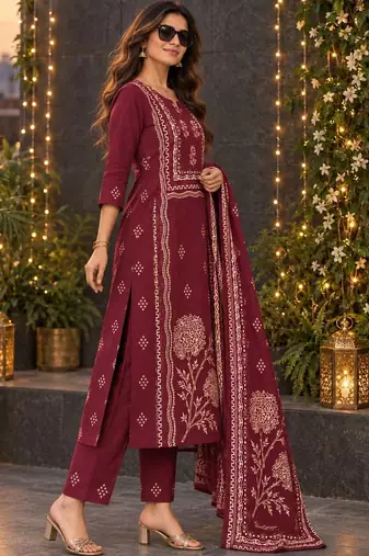 women ethnic motifs printed regular  cotton kurta with trousers & with dupatta