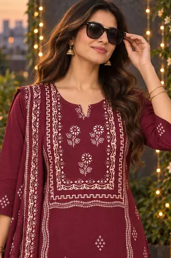 women ethnic motifs printed regular  cotton kurta with trousers & with dupatta