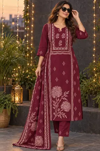 women ethnic motifs printed regular  cotton kurta with trousers & with dupatta