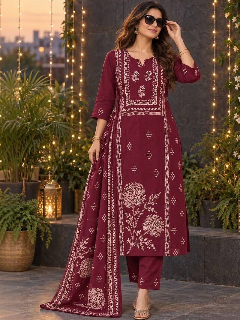women ethnic motifs printed regular  cotton kurta with trousers & with dupatta
