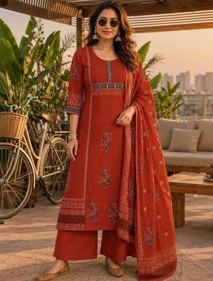 women ethnic motifs printed regular  cotton kurta with palazzos & with dupatta 1