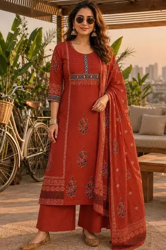 women ethnic motifs printed regular  cotton kurta with palazzos & with dupatta