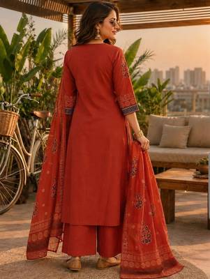 women ethnic motifs printed regular  cotton kurta with palazzos & with dupatta 2
