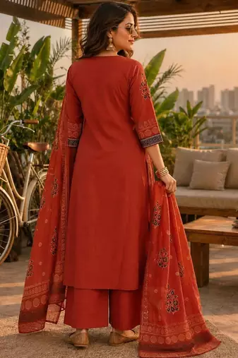 women ethnic motifs printed regular  cotton kurta with palazzos & with dupatta