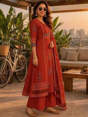 women ethnic motifs printed regular  cotton kurta with palazzos & with dupatta 3