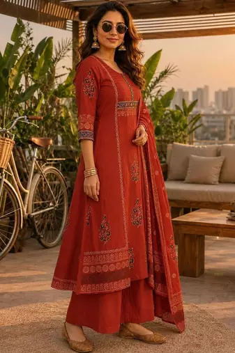women ethnic motifs printed regular  cotton kurta with palazzos & with dupatta