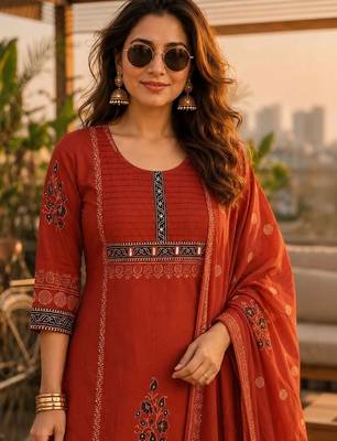 women ethnic motifs printed regular  cotton kurta with palazzos & with dupatta 4