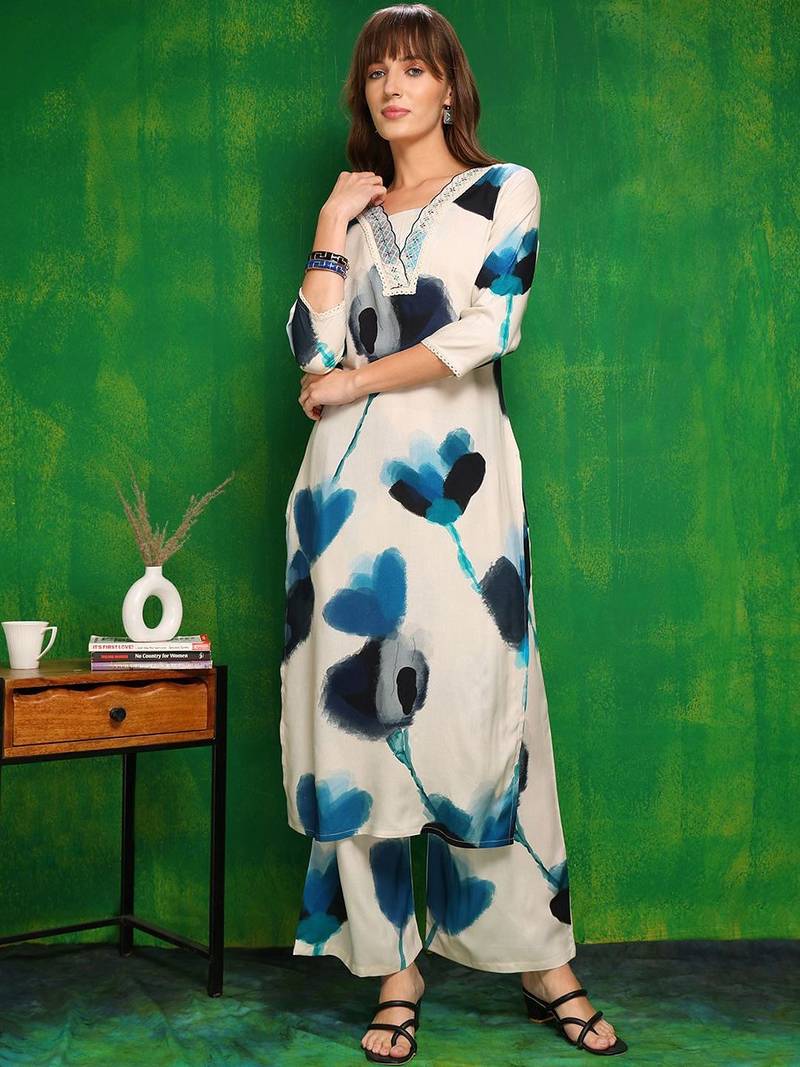 women floral regular patchwork kurta with palazzos