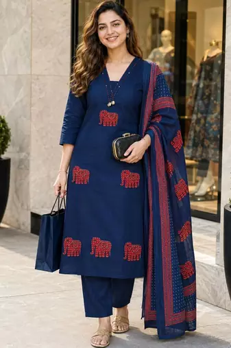 women ethnic motifs embroidered regular thread work  cotton kurta with trousers & with