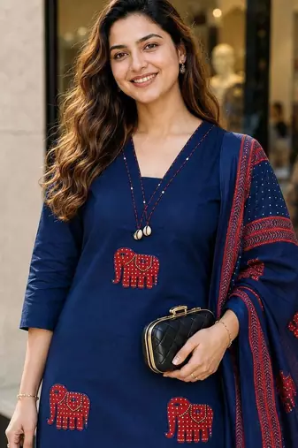 women ethnic motifs embroidered regular thread work  cotton kurta with trousers & with