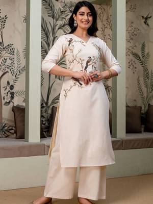 women ethnic motifs embroidered regular thread work  cotton kurta with palazzos 5