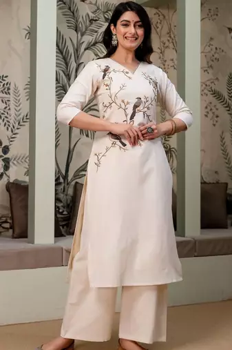 women ethnic motifs embroidered regular thread work  cotton kurta with palazzos