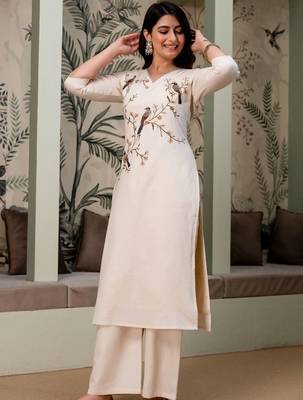 women ethnic motifs embroidered regular thread work  cotton kurta with palazzos 7