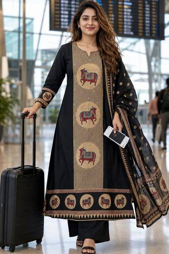 women ethnic motifs printed regular  cotton kurta with palazzos & with dupatta