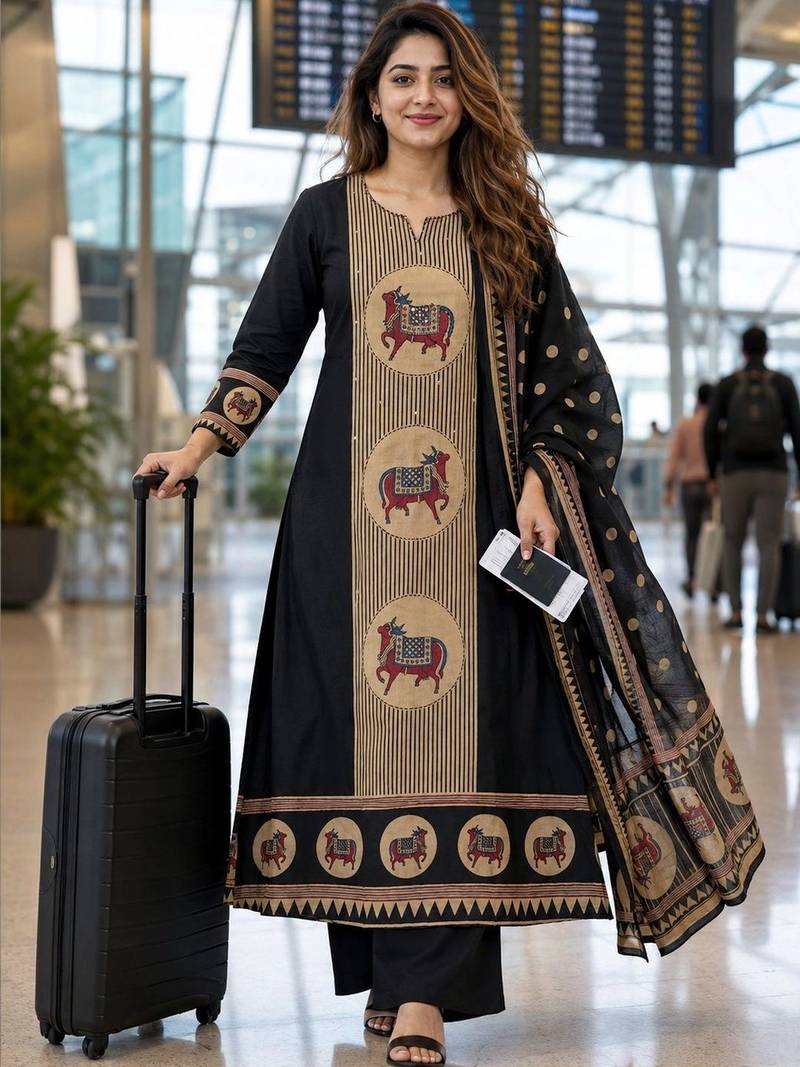women ethnic motifs printed regular  cotton kurta with palazzos & with dupatta