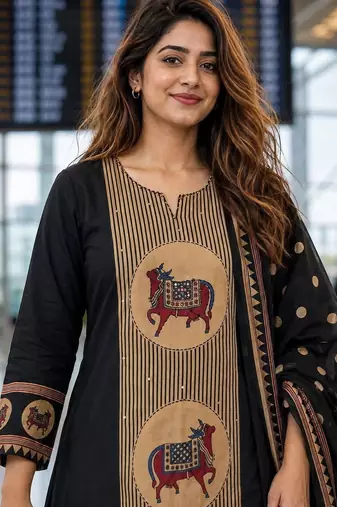 women ethnic motifs printed regular  cotton kurta with palazzos & with dupatta