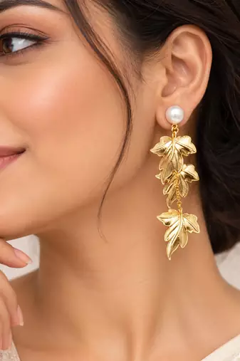 Anti-tarnish gold-toned leaf drop earrings with pearl stud, anti-tarnish studs
