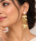 Anti-tarnish gold-toned leaf drop earrings with pearl stud, anti-tarnish studs