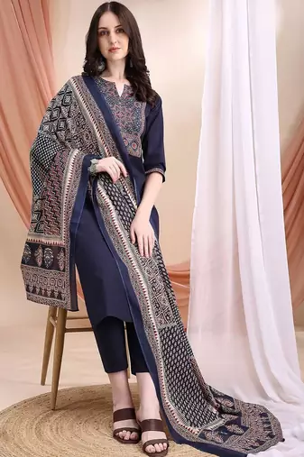 women ethnic motifs printed regular  cotton kurta with trousers & with dupatta