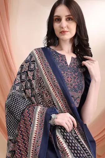 women ethnic motifs printed regular  cotton kurta with trousers & with dupatta