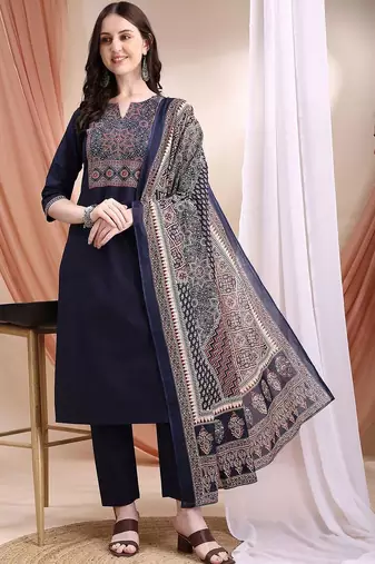 women ethnic motifs printed regular  cotton kurta with trousers & with dupatta