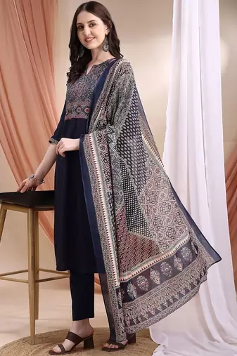women ethnic motifs printed regular  cotton kurta with trousers & with dupatta