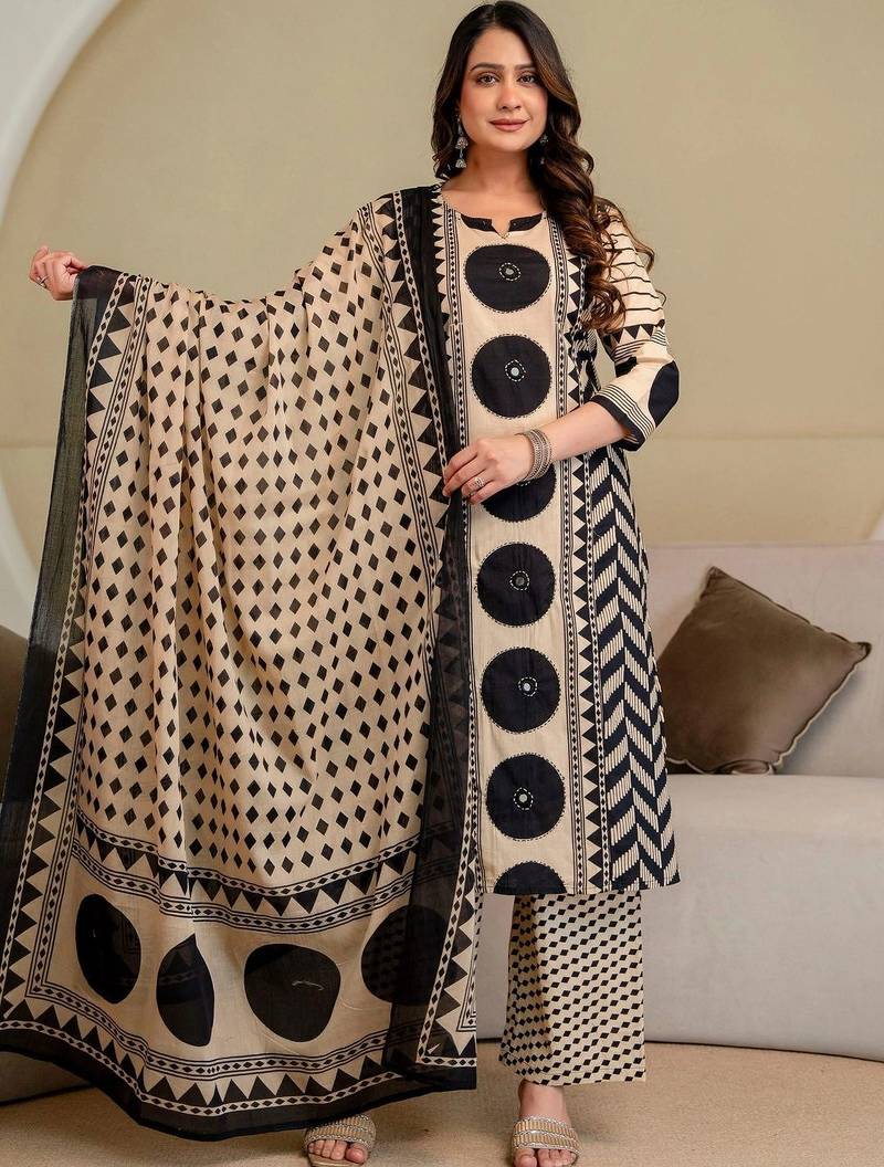 women printed regular  cotton kurta with palazzos & with dupatta