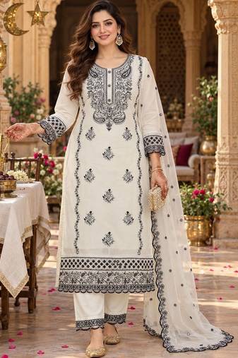 women ethnic motifs embroidered regular thread work kurta with trousers & with dupatta