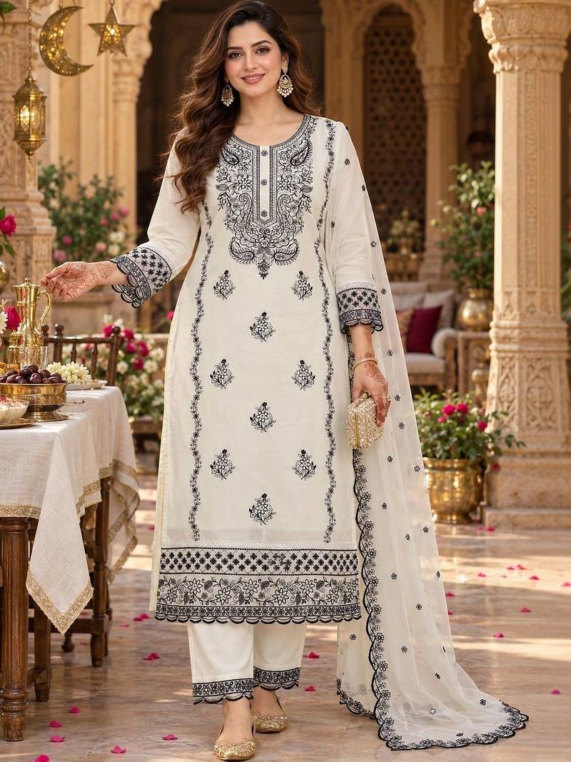 women ethnic motifs embroidered regular thread work kurta with trousers & with dupatta