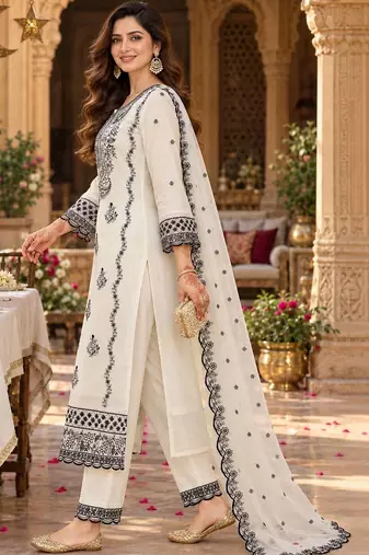 women ethnic motifs embroidered regular thread work kurta with trousers & with dupatta