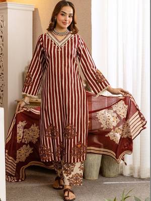 women ethnic motifs striped regular thread work  cotton kurta with palazzos & with dupatta 1