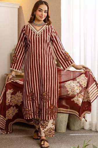 women ethnic motifs striped regular thread work  cotton kurta with palazzos & with dupatta