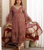 women ethnic motifs striped regular thread work  cotton kurta with palazzos & with dupatta