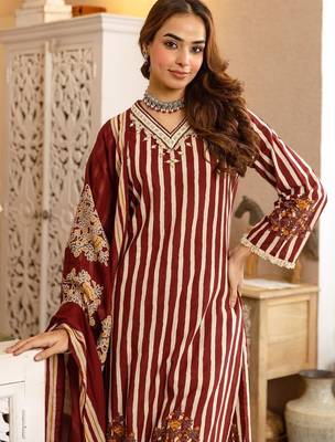 women ethnic motifs striped regular thread work  cotton kurta with palazzos & with dupatta 2