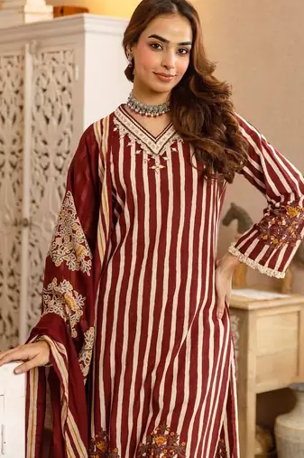 women ethnic motifs striped regular thread work  cotton kurta with palazzos & with dupatta