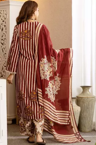 women ethnic motifs striped regular thread work  cotton kurta with palazzos & with dupatta