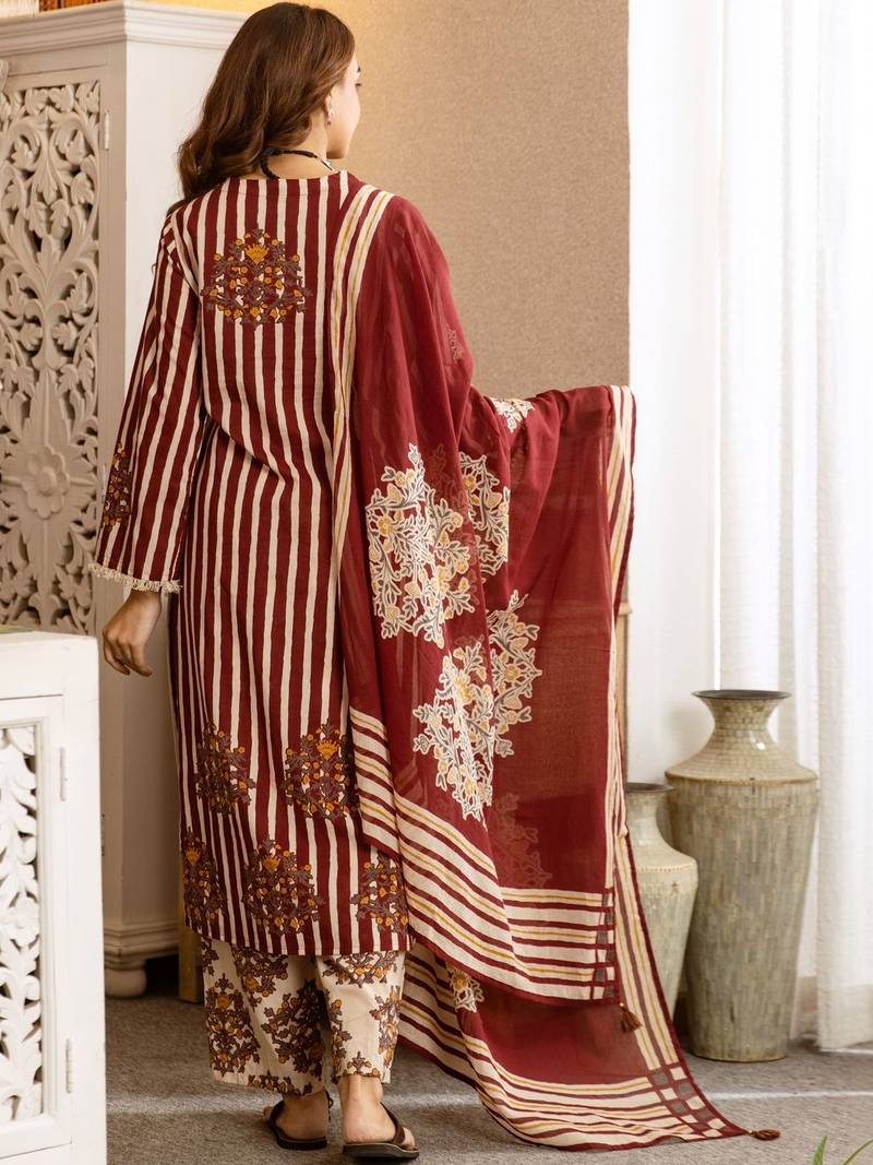 women ethnic motifs striped regular thread work  cotton kurta with palazzos & with dupatta