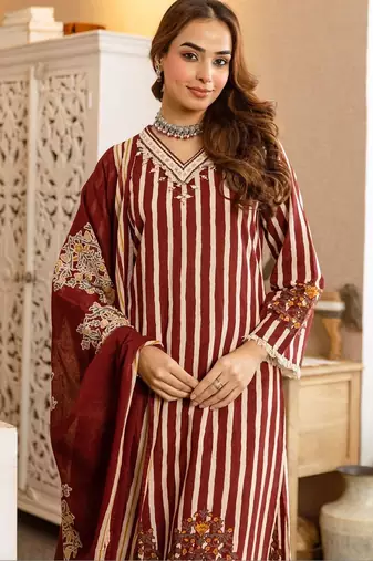 women ethnic motifs striped regular thread work  cotton kurta with palazzos & with dupatta