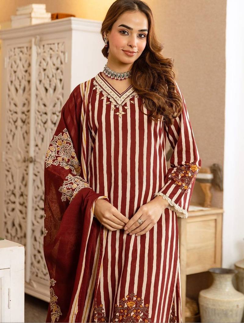 women ethnic motifs striped regular thread work  cotton kurta with palazzos & with dupatta