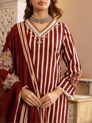 women ethnic motifs striped regular thread work  cotton kurta with palazzos & with dupatta 5