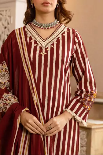 women ethnic motifs striped regular thread work  cotton kurta with palazzos & with dupatta