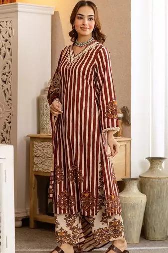 women ethnic motifs striped regular thread work  cotton kurta with palazzos & with dupatta