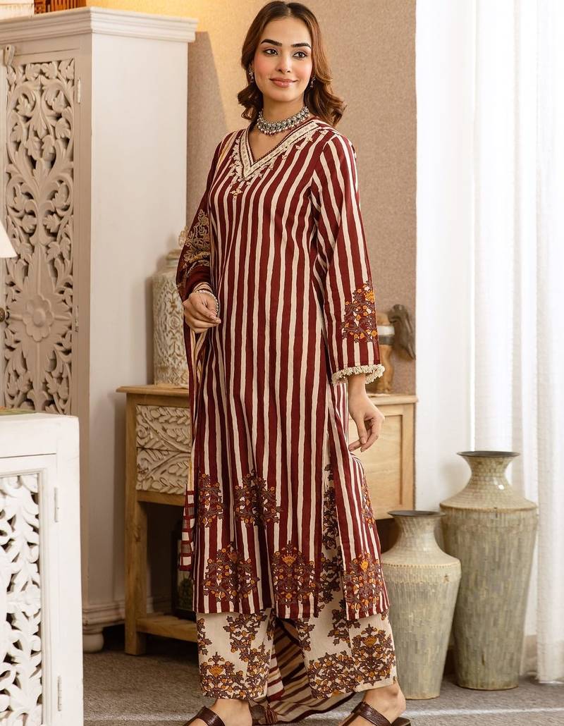 women ethnic motifs striped regular thread work  cotton kurta with palazzos & with dupatta