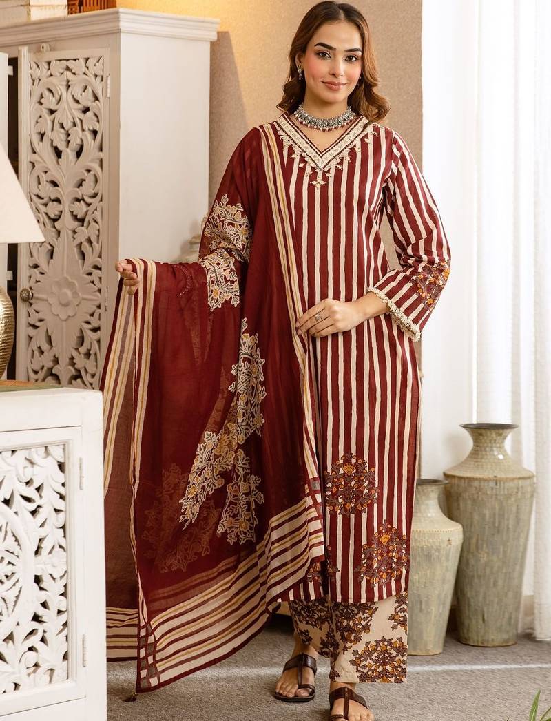 women ethnic motifs striped regular thread work  cotton kurta with palazzos & with dupatta