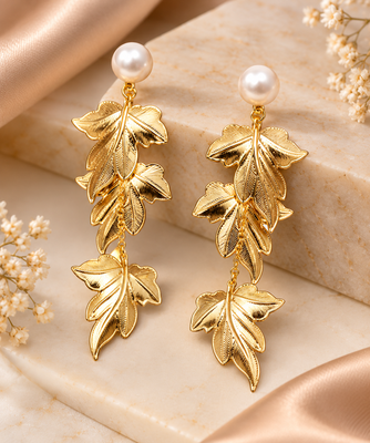 Anti-tarnish gold-toned leaf drop earrings with pearl stud, anti-tarnish studs 2