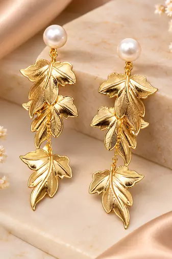 Anti-tarnish gold-toned leaf drop earrings with pearl stud, anti-tarnish studs