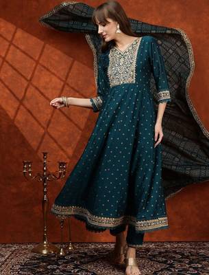 women ethnic motifs embroidered tiered thread work  silk kurta with trousers & with dupatta 1