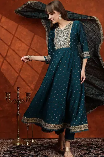 women ethnic motifs embroidered tiered thread work  silk kurta with trousers & with dupatta