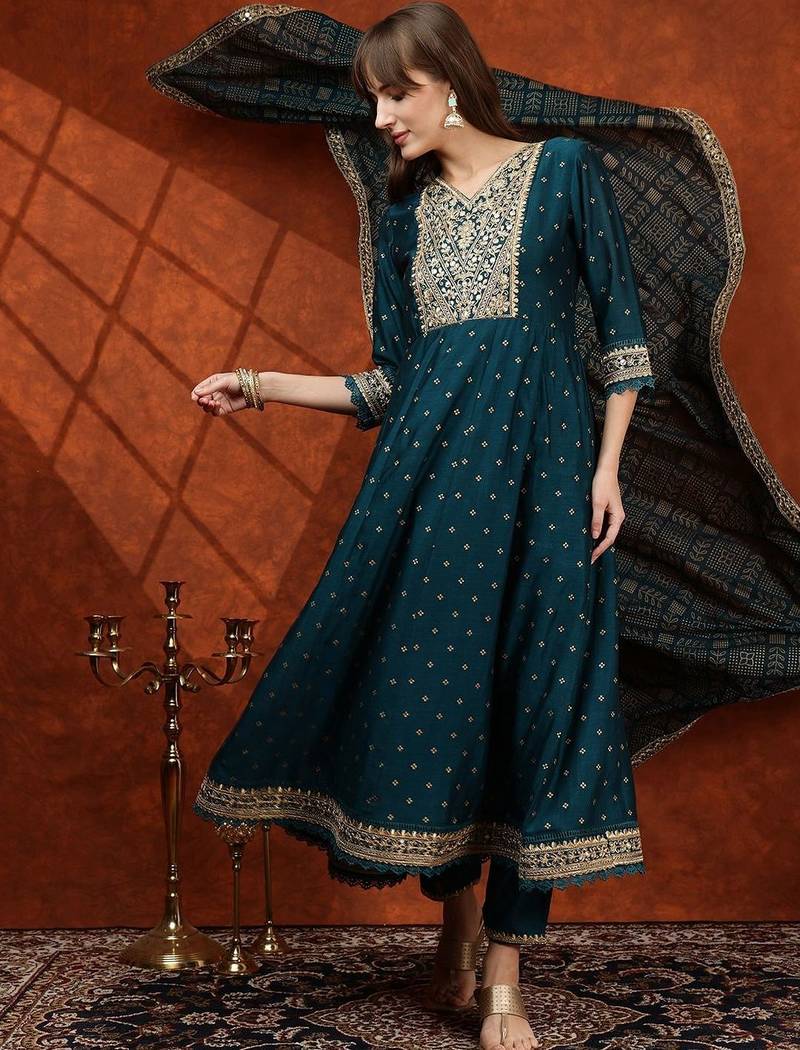 women ethnic motifs embroidered tiered thread work  silk kurta with trousers & with dupatta